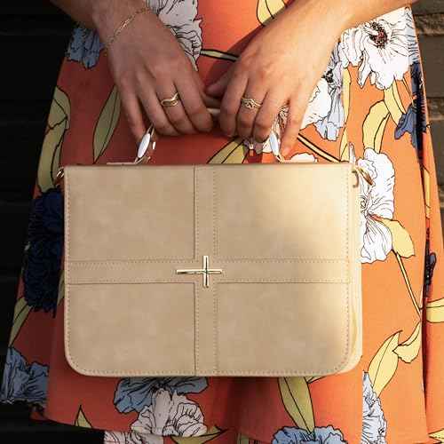 Bible Cover Case for Women, Elegant & Practical Bible Case with Shoulder Strap, Light Beige Leather Bible Cover, Feminine Bible Bag, Hardwearing & Soft Bible Covers for Ladies