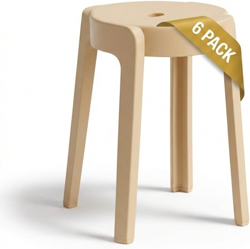 Stackable Stools Set of 6 - Durable Plastic Seating for Classroom & Home Office | 18-Inch Height, Supports 500 lbs | Beige