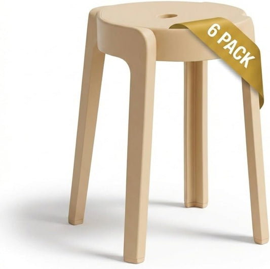 Stackable Stools Set of 6 - Durable Plastic Seating for Classroom & Home Office | 18-Inch Height, Supports 500 lbs | Beige