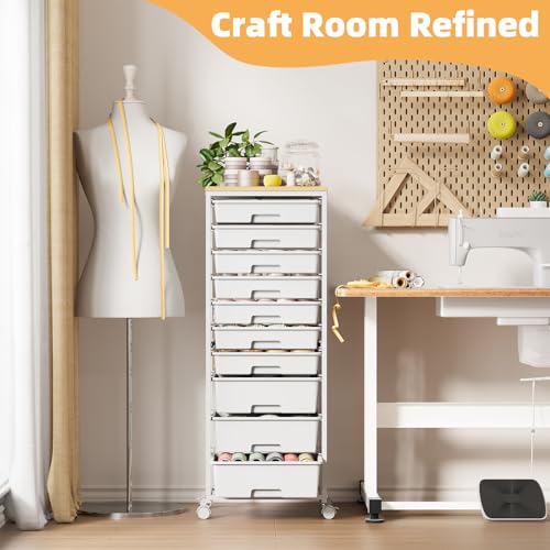 SYKIARIOL White Rolling 10-Drawer Cart with Wheels & Wooden Top - 42.2"H