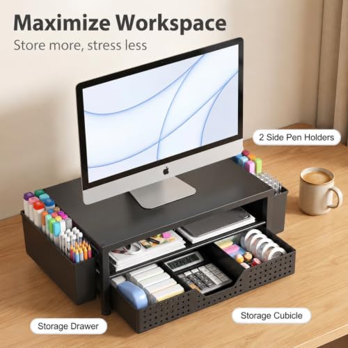 ECOLOVI Black 2-Tier Monitor Stand with Drawer & Pen Holders for Office Desk