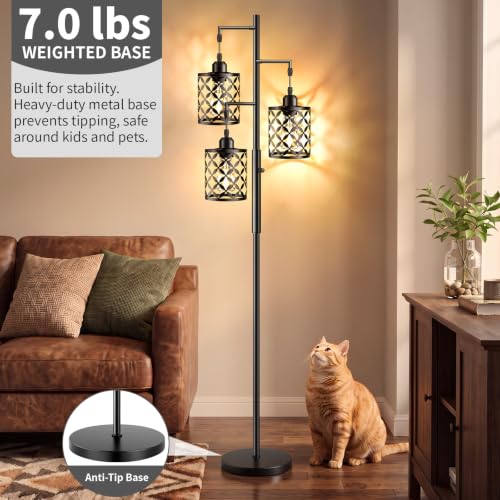 GHOOCEMLUX 68-Inch Black Dimmable Farmhouse Floor Lamp with Quatrefoil Shades, 3 LED Bulbs Included