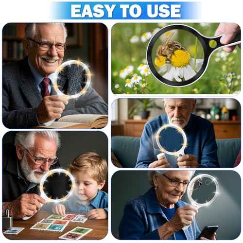 Large Magnifying Glass with Lights,10X 25X 45X 60X Handheld Lighted Magnifier, 5in Page Magnifier LED Lights, Magnifying Glass for Reading Small Prints & Low Vision Seniors with Aging Eyes
