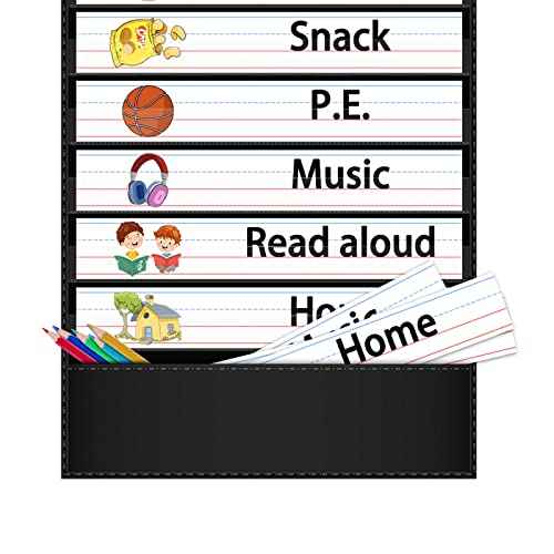 Daily Schedule Pocket Chart, 13+1 Pocket Visual Schedule Chart, 18 Double-Sided Blank Reusable Dry-Eraser Cards, Educational Schedule Charts for Classroom Homeschooling Toddlers-Black