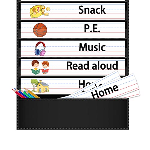 AKAYOK Black Daily Schedule Pocket Chart with 18 Dry-Erase Cards, 13x36in Classroom Organizer