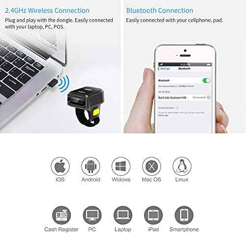 Symcode Wireless Bluetooth Barcode Scanner with Bluetooth & 2.4GHz Wireless & Wired Connection, Portable Ring Wearable Finger 1D Mini Bar Code Reader Scanner