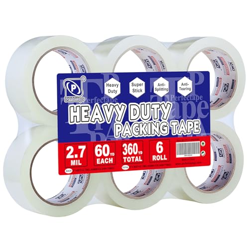 P PERFECTAPE Heavy Duty Clear Packing Tape 6 Rolls, 1.88" x 60Y, 2.7 Mil, Strong Adhesion, Anti-Splitting, Water-Based Glue