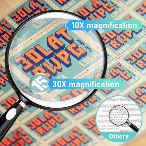 10X 30X Magnifying Glass for Reading, Handheld Magnifier for Reading, 90mm Magnifying Glass Scratch Resistant Lens, Soft Handle for Close Work Book Newspaper Nature Exploration, Hobby