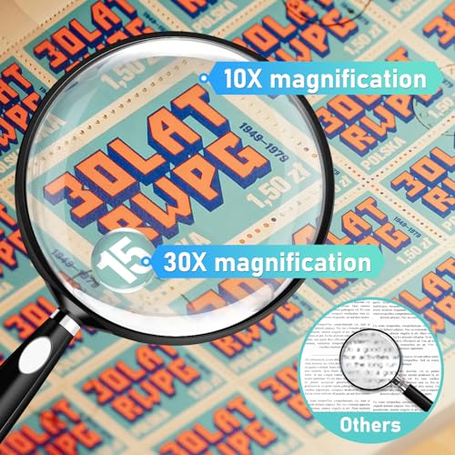 Black 10X-30X Handheld Magnifying Glass 90mm for Reading & Crafts