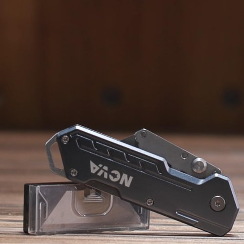 Nova Folding Utility Knife - Durable Box Cutter with Safety Lock & Belt Clip | 10 Extra Blades (Blue)