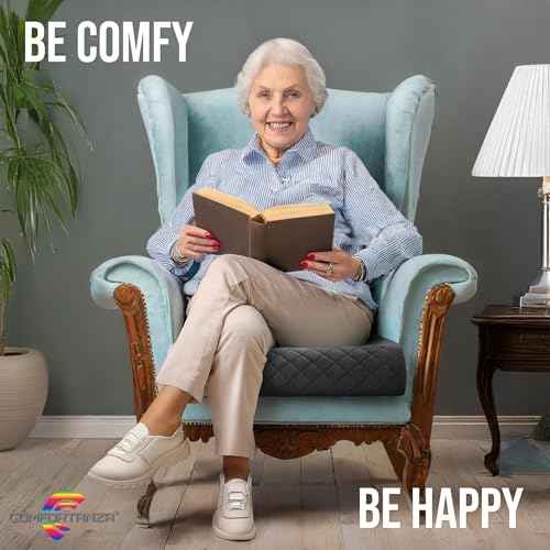 Medium-Soft 20x20x4 Memory Foam Recliner Chair Seat Cushion for Long Sitting - Armchair Pad with Washable Velvety Cover with Waterproof Layer & Non-Slip Base for Seniors & Elderly - Black