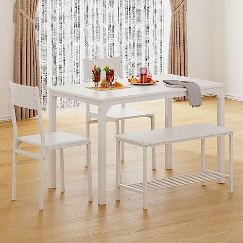 SogesHome 3-Piece Dining Table Set with 2 Chairs & Bench, White
