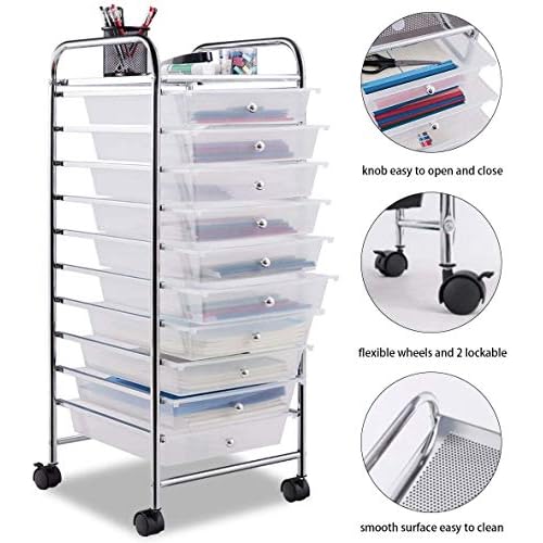 ARLIME 10-Drawer Storage Cart, 10 Drawer Trolley, Rolling Organizer Cart, Scrapbook Paper Organizer, Suitable for Office and School, Rolling Office Storage Tools (Clear)
