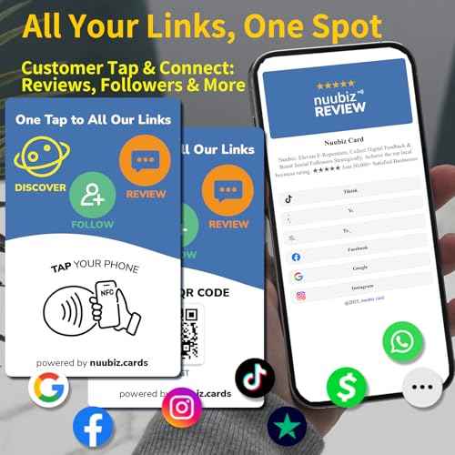 Multi-Link Review Tap Card & Social Media Sign (5 pack) ? NFC & QR Code Sign- Follow Us & Review Us Card | Connect All Your Links: Reviews, Instagram, Facebook & Booking | No App, No Sub