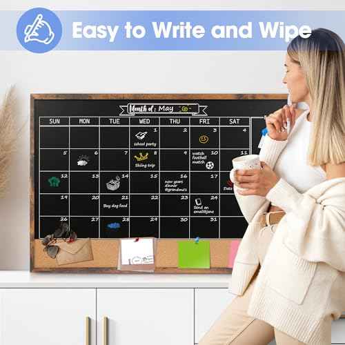 Board2by Monthly Chalkboard Calendar & Cork Board Combo, 24" x 36", Magnetic, Wall Mounted, Blackboard for Office, Kitchen, School, Home