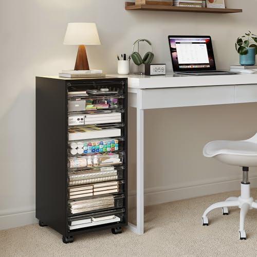 WOPITUES 10-Drawer Mobile Storage Cart on Wheels – Black Makeup & Cosmetic Organizer