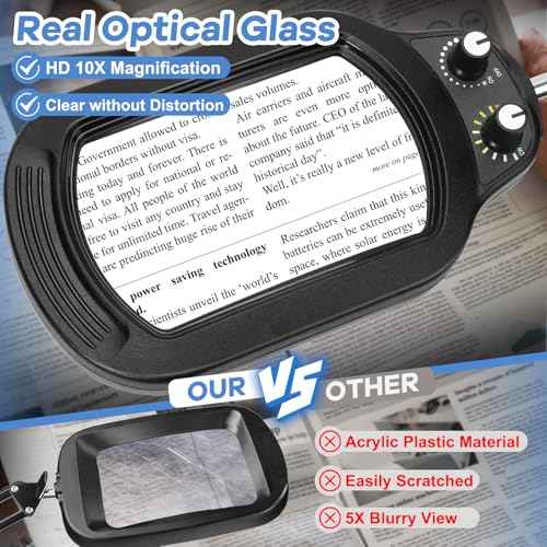 10X Rectangle Magnifying Glass with Light and Stand, Real Glass Lighted Magnifier Hands Free, Mechanical Knob 5 Color Modes Stepless Dimmable, 2-in-1 LED Desk Lamp with Clamp for Close Work, Reading