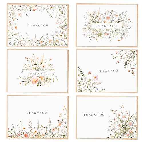 52-pack Floral Thank You Cards Bulk with Kraft Envelopes & Matching Stickers, 3.5x5 Inches, 6 Wildflower Designs | Perfect for Weddings, Baby & Bridal Showers, Graduations & Birthday