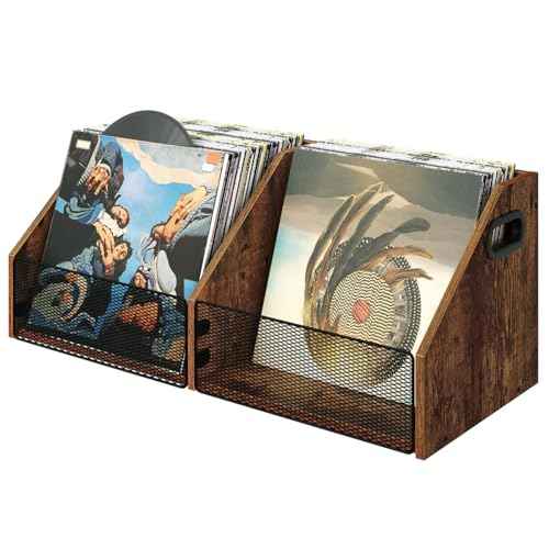 Vinyl Record Storage Double-Compartment 27.6" Record Holder with Metal Mesh File Organizer, Photo Album Storage Box, for Records, Photo Albums, Magazines, Rustic Brown TCW20BF