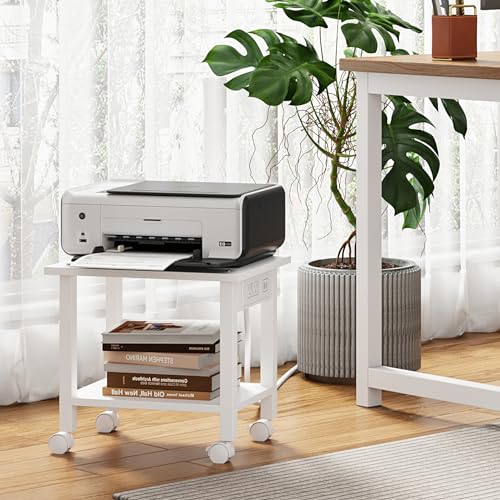TUTOTAK 2 Tier Printer Stand, Rolling Printer Cart with Power Outlets and USB Ports, Mobile Printer Table with Wheels, for Under Desk, Office, Home, White PS01BW001