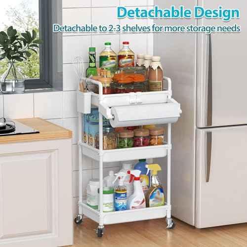 SPACEKEEPER Rolling Storage Cart, 3 Tier Utility Cart Laundry Room Organization Mobile Shelving Unit Bathroom Organizer with Towel Rack, Lockable Wheel, Hooks & Cup for Kitchen Office, White
