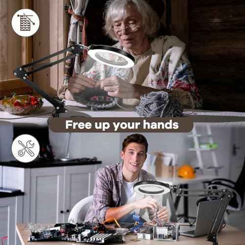 10X Magnifying Glass with Light and Stand, 5 Color Modes Stepless Dimmable 2-in-1 Desk Lamp with Clamp, Hands Free LED Lighted Magnifier with Light for Craft Hobby Painting Reading Repair Close Works