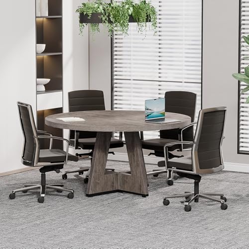 Tribesigns 47-Inch Round Conference Table Grey for 4-6 People, Wooden Meeting Room Table with Thickened Top and Wood Base