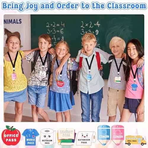 8 Sets Hall Pass Lanyards and School Passes Set Hall Pass Lanyards for Classrooms First Day of School Wooden Bathroom Restroom Library Office Nurse Passes Teacher Organization Supplies Gift
