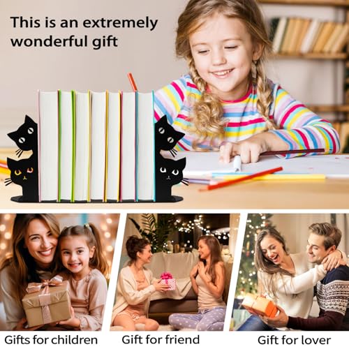 ENCIMART Black Peeping Cat Bookends - Decorative Heavy Metal Book Ends for Shelves
