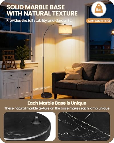 Black 75-Inch Dimmable Arc Floor Lamp with Marble Base & Remote - GOEBLESON