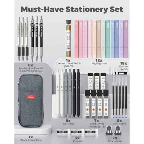Four Candies 45 PCS School Supplies with Pen Case, 6 Gel Pens, 6 Art Mechanical Pencil Set, 12 Highlighters for College Essentials Office Stationery (Black)