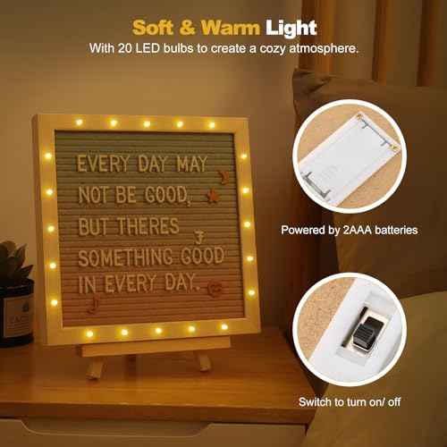 Lewondr Felt Letter Board, 10"¡¿10" Wooden Letter Board Sign, Changeable Message Board with 20 LED Lights & 340 Letters, Pregnancy Baby Announcement Sign, First School Day Board, Colorful