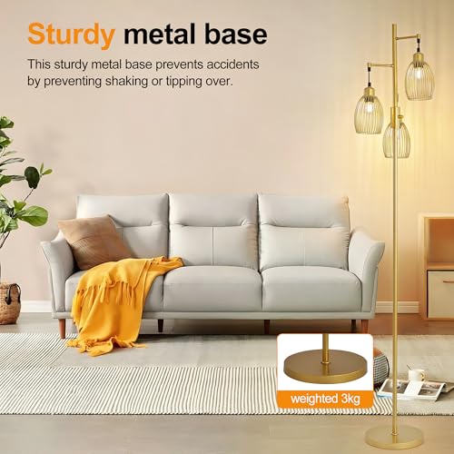 Industrial Floor Lamp 68'' - 3-Light Gold Dimmable Rustic Floor Lamp with Sturdy Pole & Heavy Base, 800 Lumens LED Bulbs Lamp for Living Room, Bedroom, Office Decor