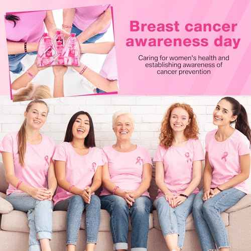 120 Pcs Breast Cancer Awareness Gift Set Include Breast Cancer Pens Pink Ribbon Silicone Bracelets Wristbands Bookmark Keychain Pink Organza Bag for Office Public Charity Events Supplies