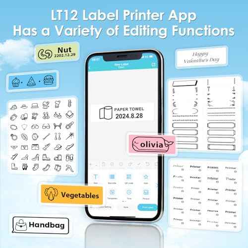 Label Maker Machine with Tapes, Label Maker Waterproof-Labels, Portable Rechargeable Labeler with 12mm-Tape, Bluetooth Backlit Labeling Machine, LT12 Handheld Label Printer for Office Home