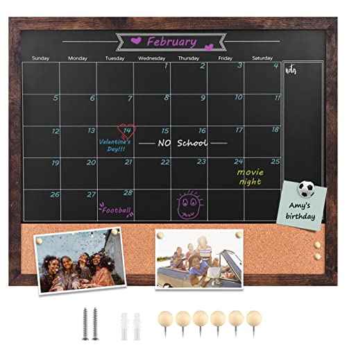 TORASO Magnetic Chalkboard Calendar Corkboard, 17.7" x 21.6" Combination Chalk Board Bulletin Board, Walnut Brown Framed Blackboard Calendar Cork Combo Board(ZHHB-BN-4555)