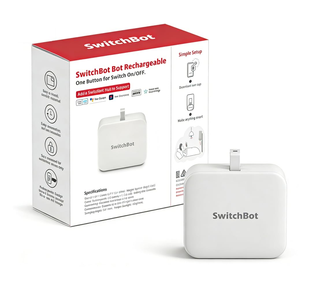 SwitchBot Rechargeable Smart Switch Button Pusher (Bluetooth) – Fingerbot for Rocker/One-Way Buttons, App Timer Control, No Wiring, Optional Hub for Voice/Remote, White