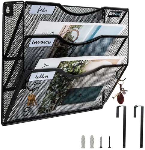 BOHDK 3-Tier Black Wall File Organizer, Hanging Mail & Document Rack, Wall & Door Mount