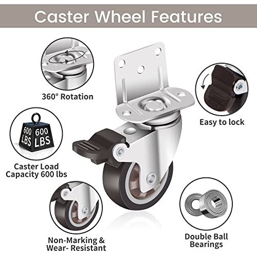 Nefish 2 Inch Side Mount Casters 8 Pack, L-Shaped TPR Rubber Caster Set of 8, Ball Bearing 360 Degree Plate Swivel Castors Wheel, Corner Castors Wheels for Furniture, Baby Bed, Kitchen, Cabinet, Table