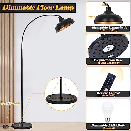 Arch Floor Lamps with Remote - Dimmable Floor Lamp 70¡±, Black Tall Lamp with 360¡Æ Adjustable Hanging Metal Shade, Arc Lamps Floor Standing with 9W Bulb, Over Couch Lamps for Living Room, Foot Switch