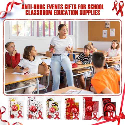 Epakh 788 Pcs/48 Sets Red Ribbon Week Awareness Supplies for Student Teacher Say No to Drugs Mechanical Pencil Notepad Bookmark Eraser Bracelets Sticker Bouncy Ball for School Educational Charity