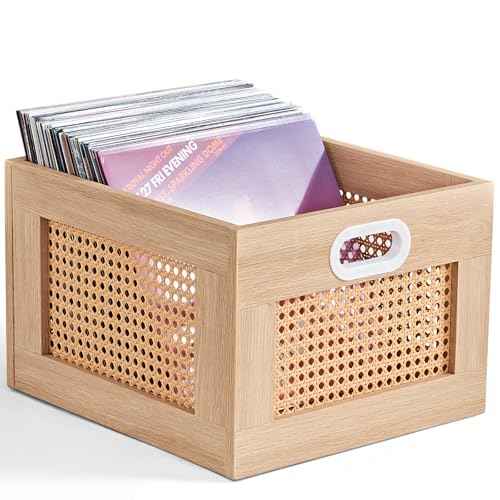 LELELINKY Vinyl Record Storage Crate, Rattan Wooden Record Crate for Vinyls, Vinyl Record Holder with Handle, Multifunctional Records Stand Holder Vinyls Organizer for 75 LPs, Natural