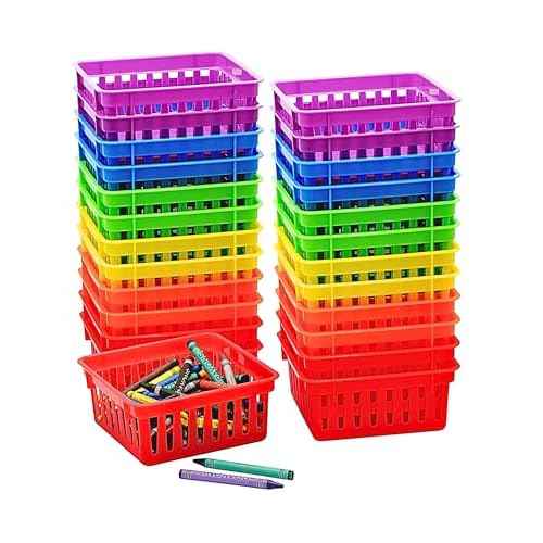 4E's Novelty 12 Pack Small Classroom Storage Baskets, Square 4.5" Sturdy Plastic Colorful Crayon & Pencil Container, Organizer Bins for Desk for Classrooms Supplies, Office, Toy Storage