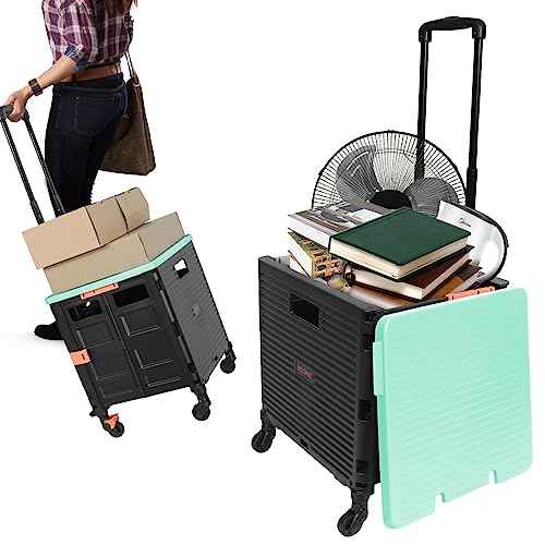 Rolling Crate Utility Cart Collapsible Tote Basket Teacher Cart with Lid Wear-Resistant Noiseless 360¡ÆRotate Wheel Telescoping Handle for Trave Moving Luggage Use(Green,110lbs)