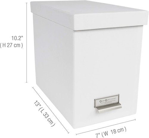 Bigso John Fiberboard Label Frame Desktop File Storage Box - Document Organizer for Important Paperwork - Durable Hanging File Box with a Lid & Metal Label Window - 7.4 in x 13 in x 10.4 in - White