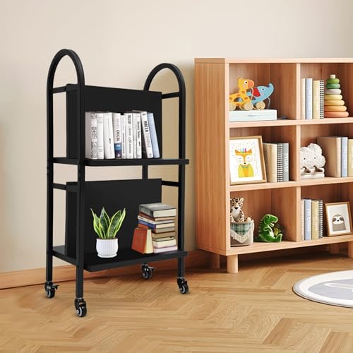 2-Tier Rolling Book Cart, 34” Tall, 100 lb Capacity - Double-Sided Mobile Library Cart with 4 Locking Wheels