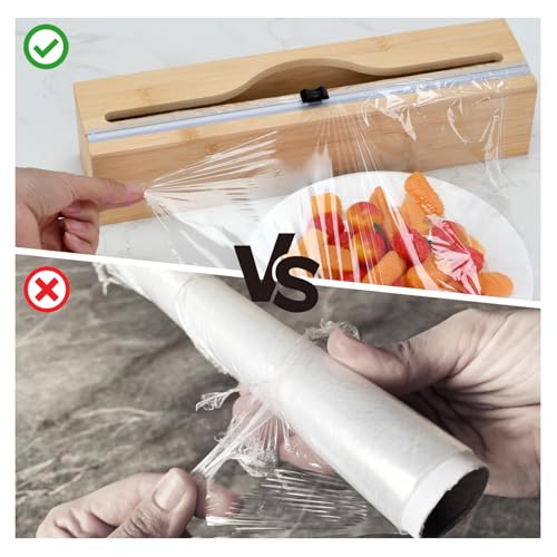 Bamboo Plastic Wrap Dispenser with Cutter, Slide Cling Holder for 12
