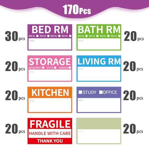 170 Home Moving Labels, 3.4 x 2 inches, 8-Color Coded Packing Box Stickers with Fragile and Blank Customizable Labels