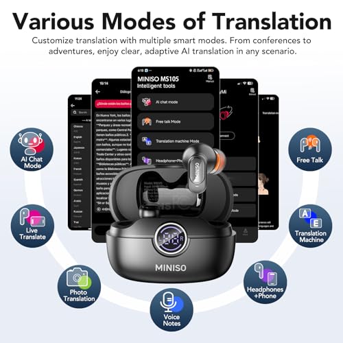 MINISO MS105 AI Translation Earbuds Black - Real-Time 134 Languages, Bluetooth 6.0, Travel & Business