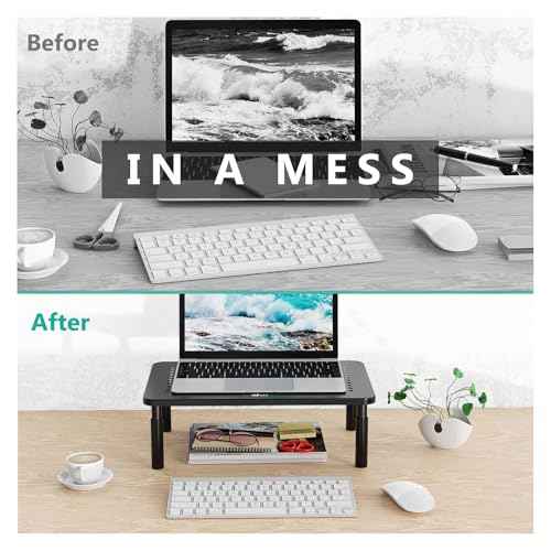WALI Computer Monitor Stand for Desk, Adjustable Laptop Riser, Desk Monitor Stand Underneath Storage for Office, Home, School Supplies (STT003), 1 Pack, Black